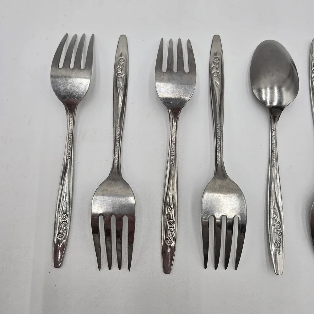 Vtg Radiant‎ Rose Floral Stainless Steel Spoon and Fork Set 8 Piece